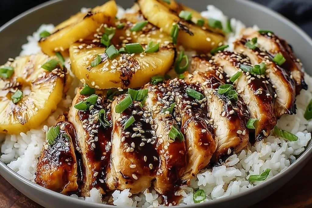 Hawaiian Chicken with Coconut Rice in a bowl with sliced glazed chicken, grilled pineapple, sesame seeds, and green onions over fluffy rice.