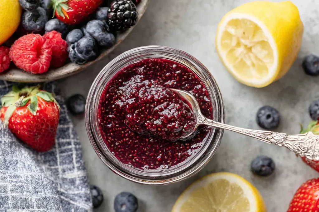 Healthy Chia Seed Jam in a glass jar with spoon, fresh berries and lemon on a marble background