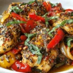 Healthy Chicken Crockpot with tender chicken breasts, red and yellow bell peppers, herbs, and a lemony tomato broth, topped with fresh basil.