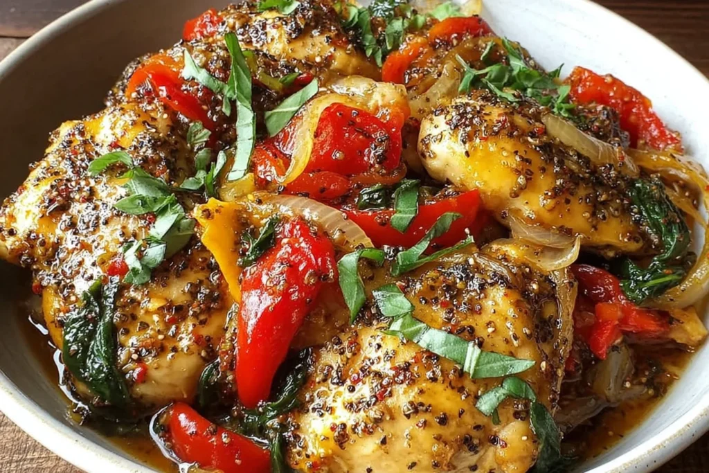 Healthy Chicken Crockpot with juicy chicken breasts, sautéed onions, red and yellow bell peppers, wilted spinach, and herbs in a savory tomato broth.