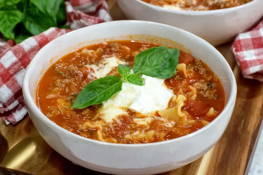 Healthy Crockpot Lasagna Soup in a white bowl with tomato broth, ground beef, broken lasagna noodles, melted cheese, ricotta, and fresh basil on top.