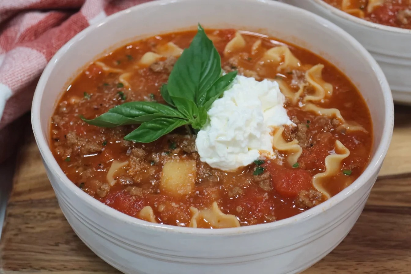 Healthy Crockpot Lasagna Soup in a white bowl with rich tomato broth, ground beef, broken lasagna noodles, ricotta on top, and fresh basil garnish.