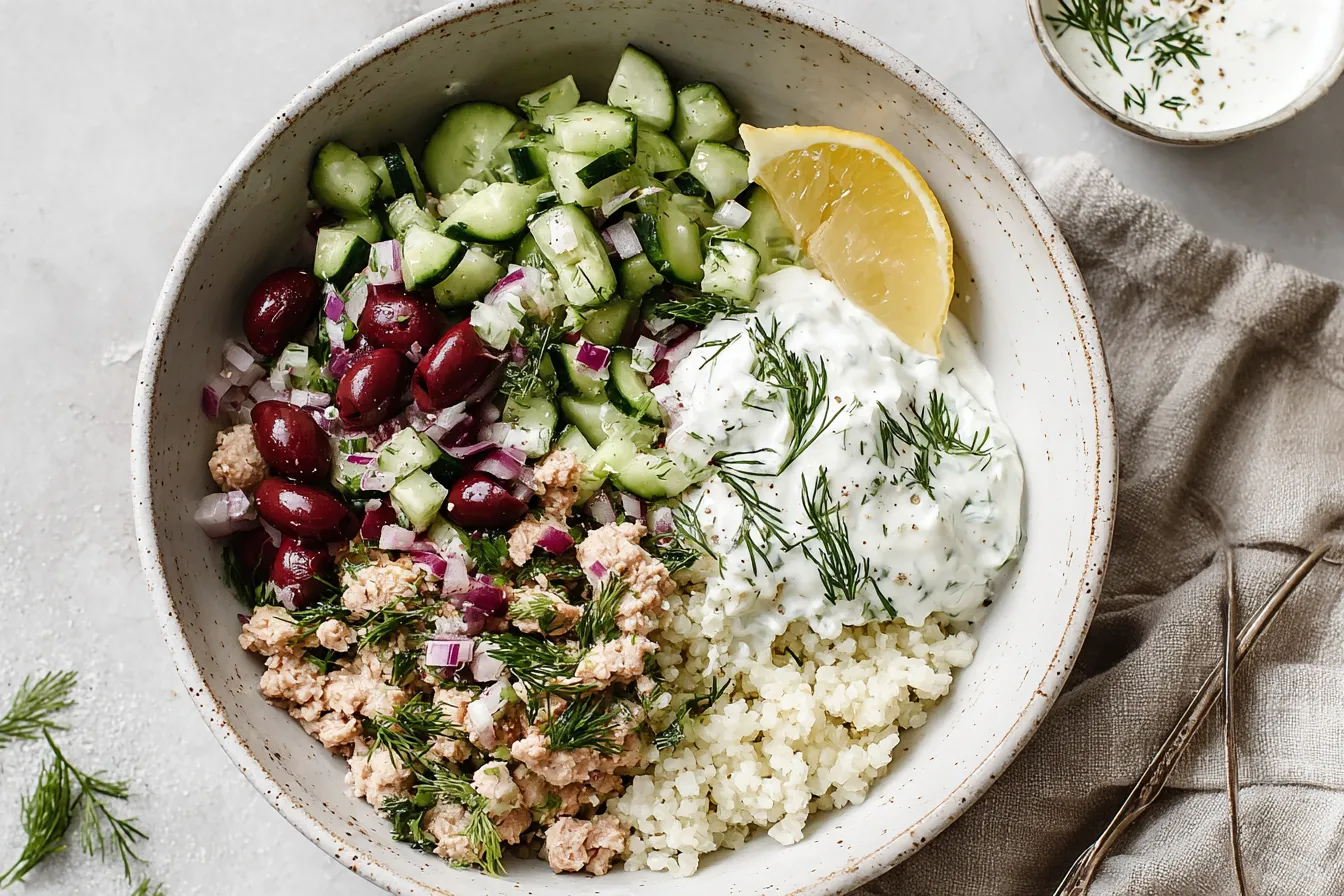 Healthy Greek Ground Chicken Bowls topped with creamy tzatziki, cucumber salsa and cauliflower rice