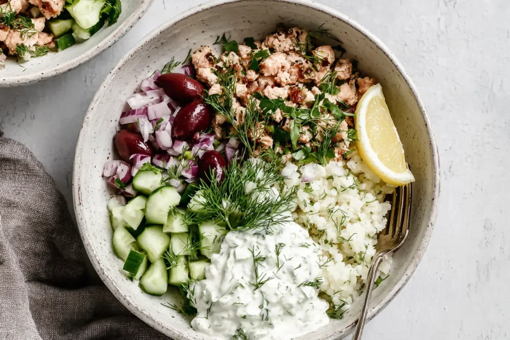 Healthy Greek Ground Chicken Bowls with cauliflower rice, cucumber, kalamata olives and dairy free tzatziki