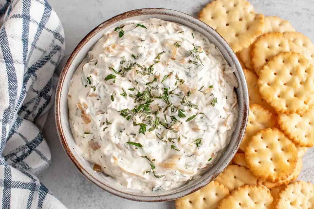 Healthy Onion Dip topped with fresh herbs served with crackers and caramelized onions