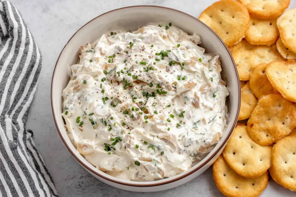 Healthy Onion Dip high protein Greek yogurt dip served with golden crackers