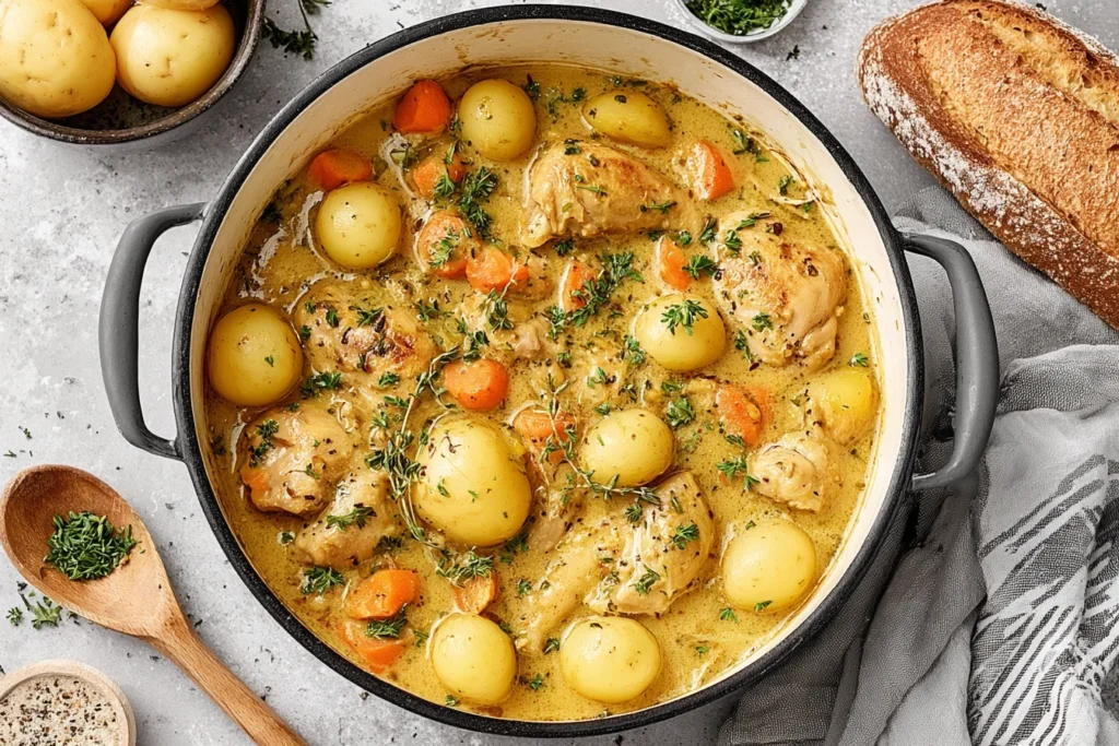 Hearty Chicken Stew in a Dutch oven with tender chicken thighs, baby potatoes, carrots, and creamy thyme broth, served with rustic bread.