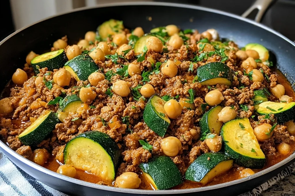 Ground Turkey Zucchini Chickpea Skillet simmering in a large skillet with juicy ground turkey, zucchini slices, chickpeas, and herbs.