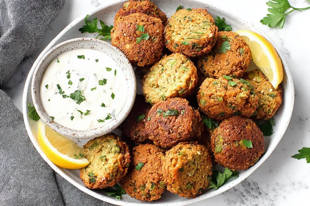 Homemade Falafel served with creamy dipping sauce and lemon wedges