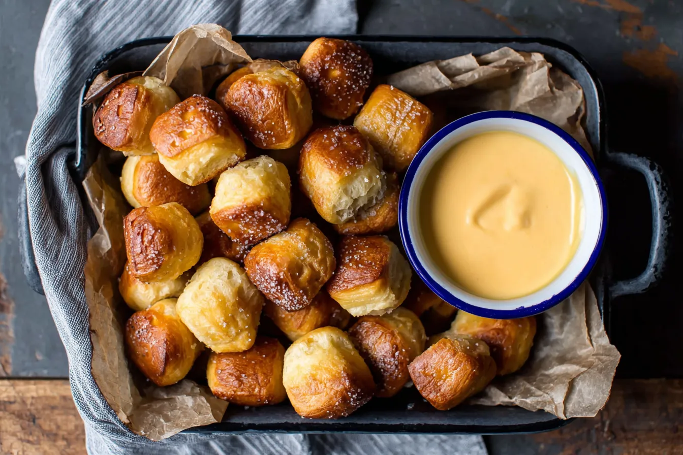 Homemade Soft Pretzel Bites with sea salt and warm cheese sauce in a rustic pan