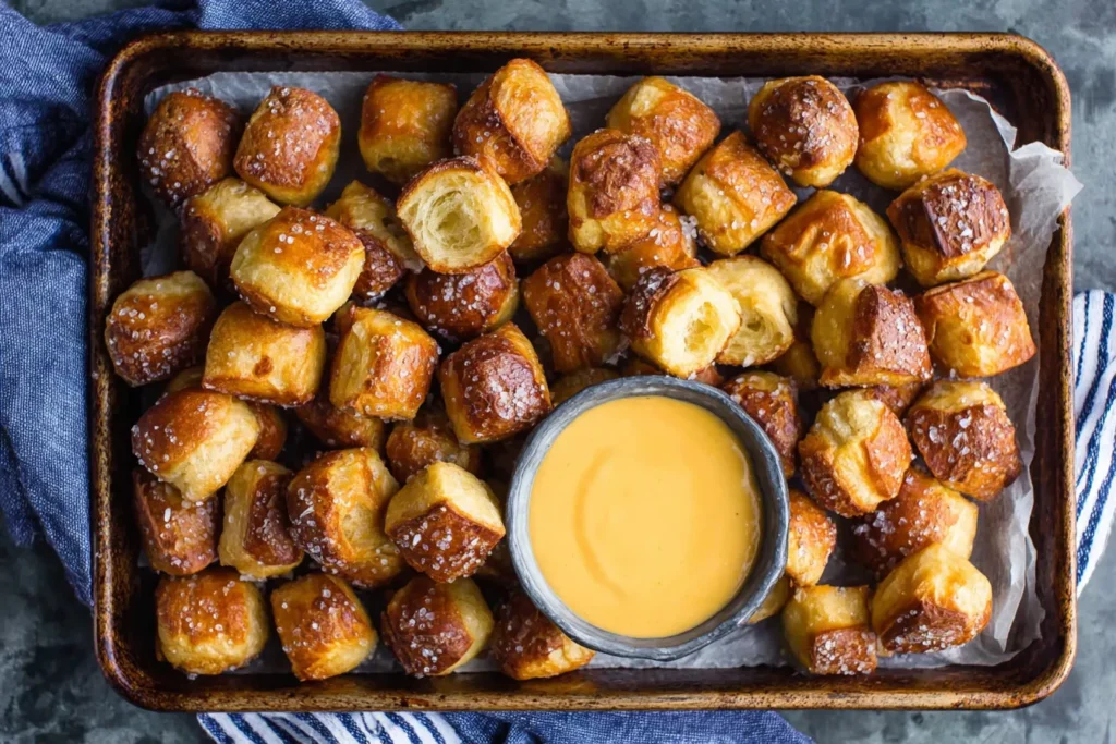 Homemade Soft Pretzel Bites on a baking sheet with creamy cheddar cheese dip
