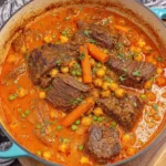 Indian Butter Pot Roast served family-style with tender beef, carrots, peas, and chickpeas