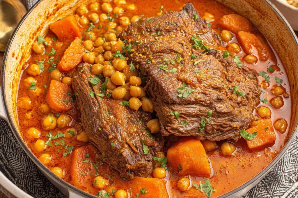 Indian Butter Pot Roast simmering in a Dutch oven with carrots, chickpeas, and creamy spiced sauce