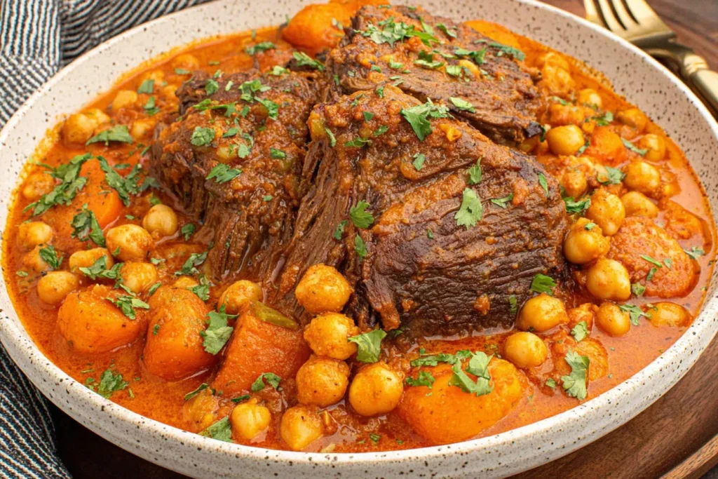 Indian Butter Pot Roast with tender beef, chickpeas, and carrots in a creamy tomato curry sauce