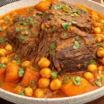 Indian Butter Pot Roast with tender beef, chickpeas, and carrots in a creamy tomato curry sauce