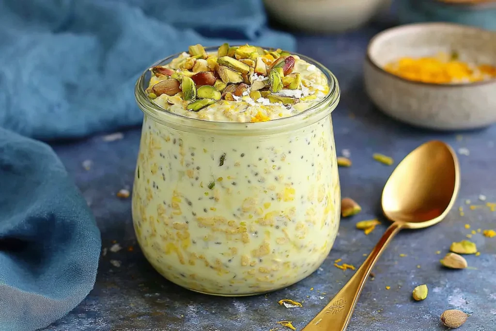 Indian Overnight Oats made with saffron, cardamom, chia seeds, and pistachios in a glass jar