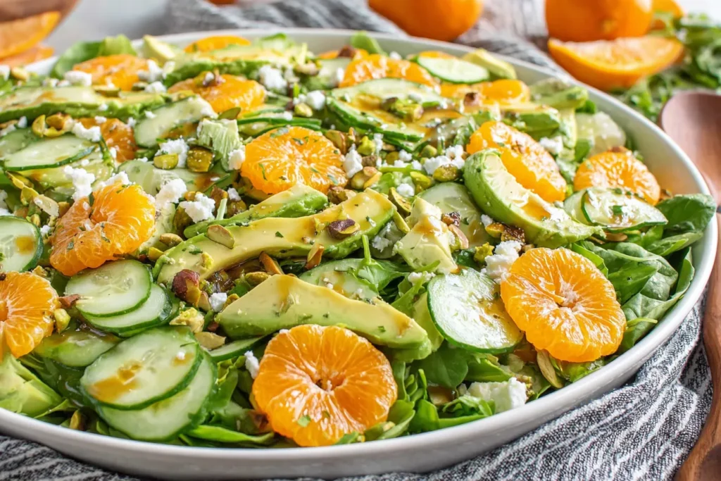 Irish Flag Clementine Cucumber Salad with honey balsamic drizzle and toasted pistachios