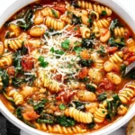 Italian White Bean Soup (Slow Cooker) topped with parmesan and herbs served with crusty bread