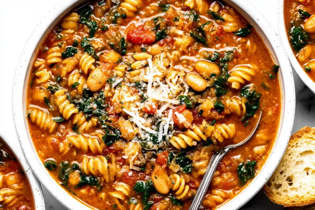 Italian White Bean Soup (Slow Cooker) with pasta, cannellini beans, and spinach in a creamy tomato broth