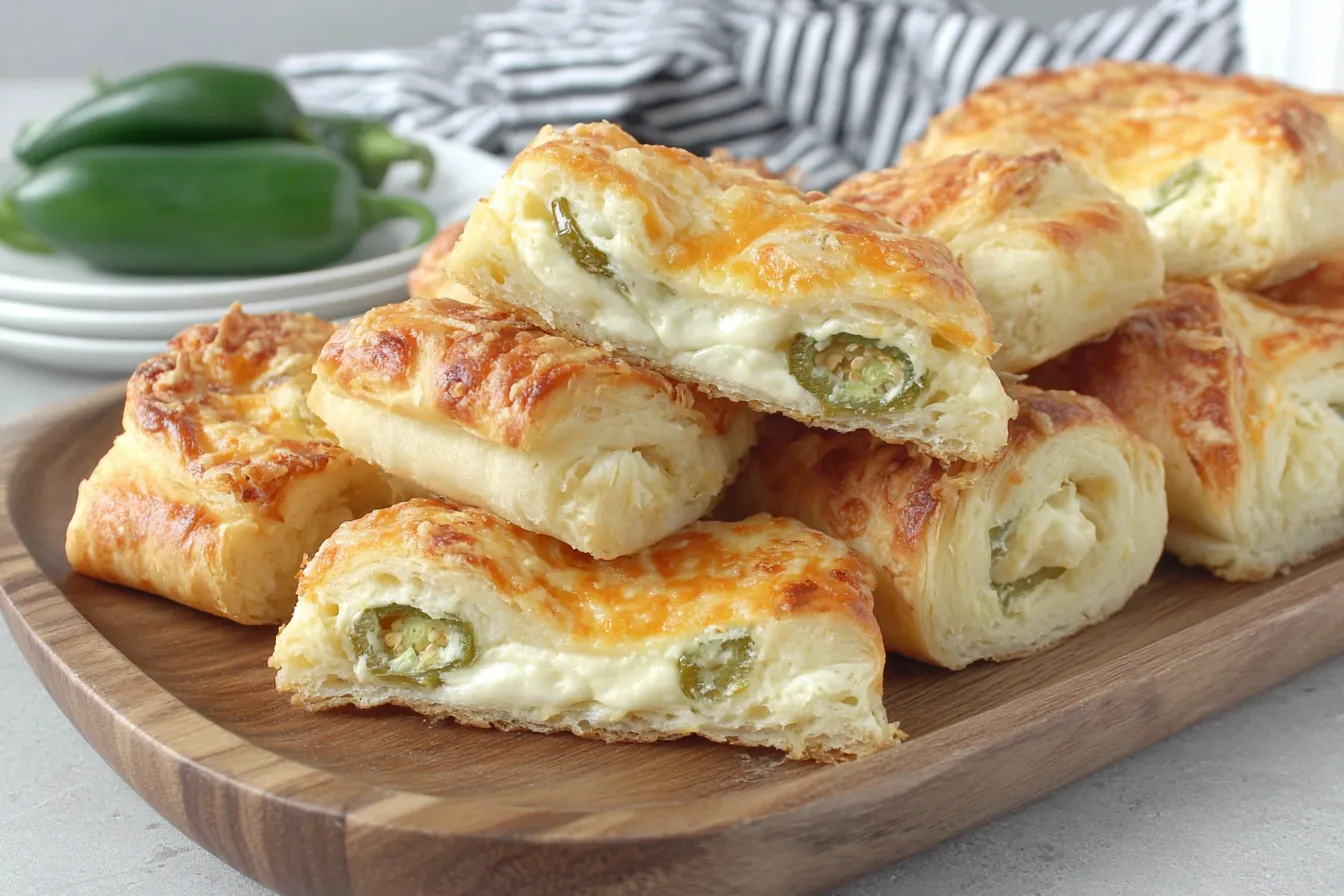 Jalapeno Popper Crescent Rolls sliced open showing creamy cheese filling and jalapeno pieces inside flaky crust