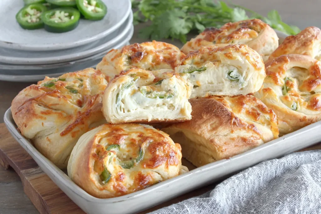 Jalapeno Popper Crescent Rolls served in baking dish with melted cheese and visible jalapeno slices