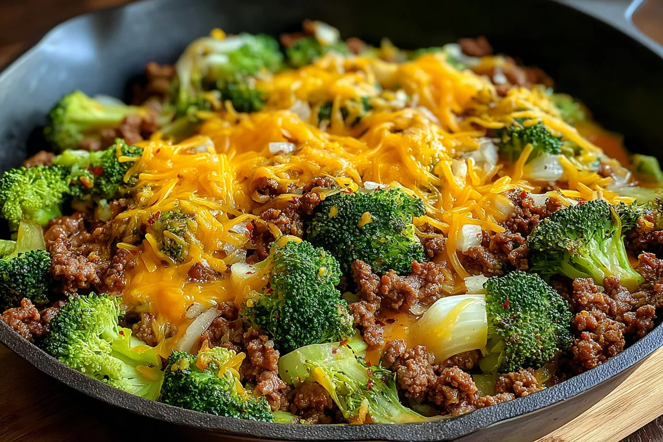 Keto Hamburger Broccoli Skillet in a cast iron pan with melted cheddar and sautéed broccoli