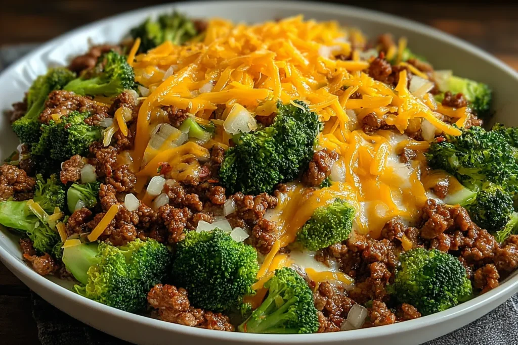 Keto Hamburger Broccoli Skillet with ground beef, cheddar cheese, and fresh broccoli in a white serving bowl
