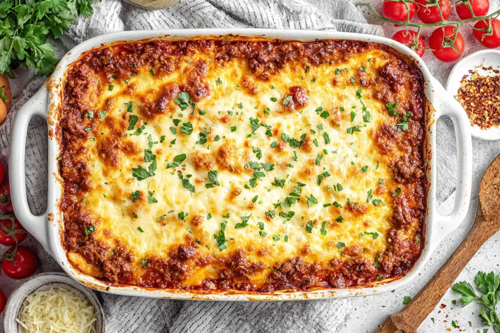 Freshly baked Keto Lasagna in a casserole dish topped with golden melted cheese and herbs