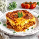 Keto Lasagna slice on a white plate showing layers of low carb noodles, beef meat sauce and melted cheese