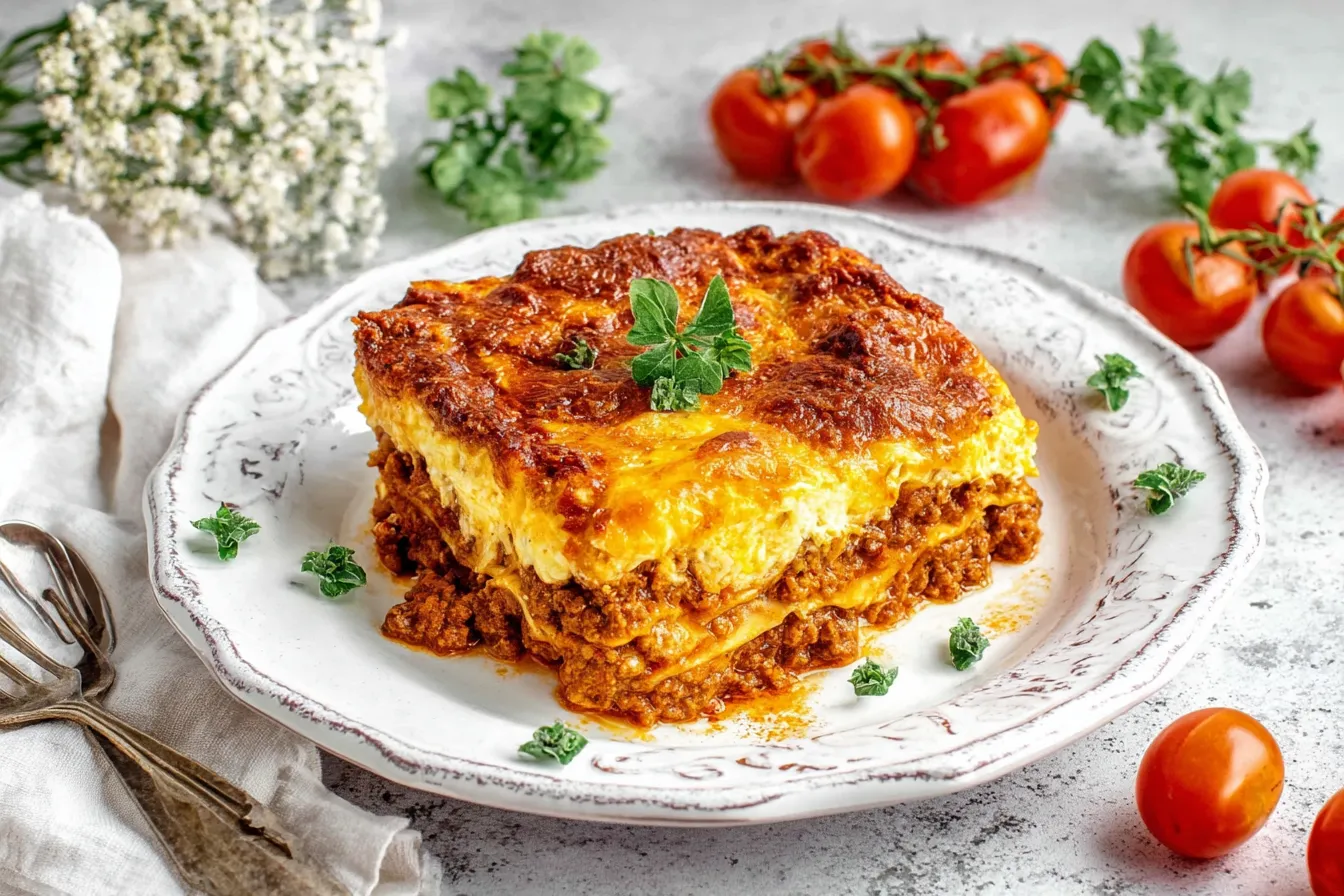 Keto Lasagna slice on a white plate showing layers of low carb noodles, beef meat sauce and melted cheese