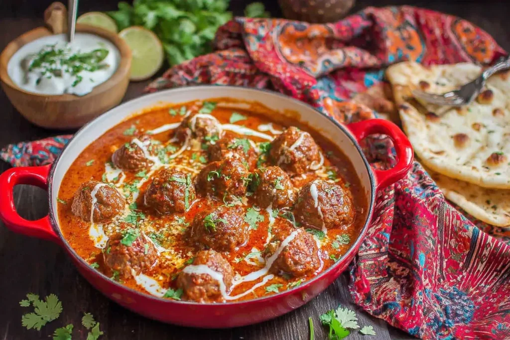 Kofta Curry (Meatball curry) served in a red pan with creamy spiced sauce and naan bread
