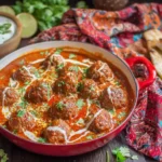 Kofta Curry (Meatball curry) served in a red pan with creamy spiced sauce and naan bread