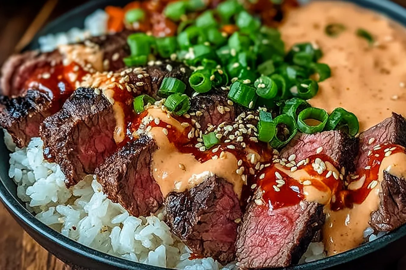 Korean BBQ Steak Rice Bowls topped with sliced medium-rare steak, jasmine rice, spicy cream sauce, sesame seeds, and green onions