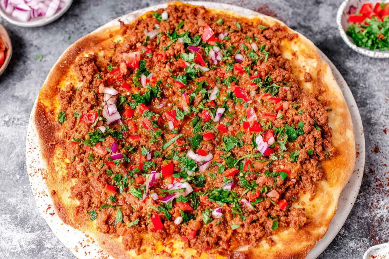Lahmacun Recipe Baked Turkish Pizza served family-style with crispy edges, minced meat topping, and fresh herbs