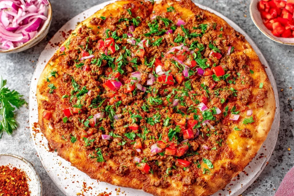 Lahmacun Recipe Baked Turkish Pizza with crispy thin crust topped with spiced minced meat, fresh parsley, and diced vegetables