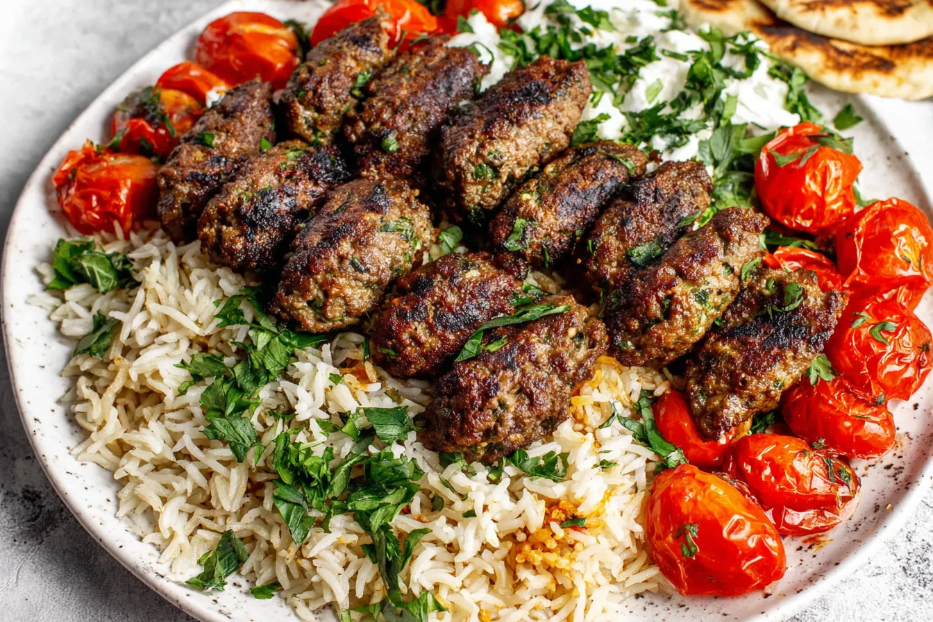 Lebanese Kafta (Beef or Lamb) served with basmati rice and roasted cherry tomatoes