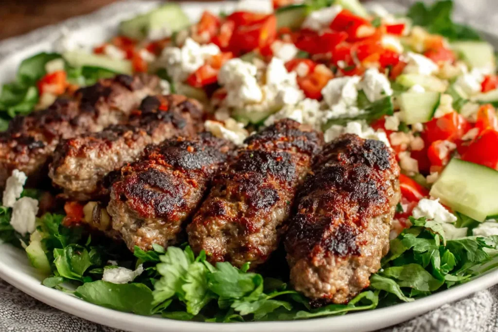 Lebanese Kafta (Beef or Lamb) served over fresh salad with cucumbers, tomatoes, and crumbled feta