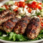Lebanese Kafta (Beef or Lamb) served over fresh salad with cucumbers, tomatoes, and crumbled feta