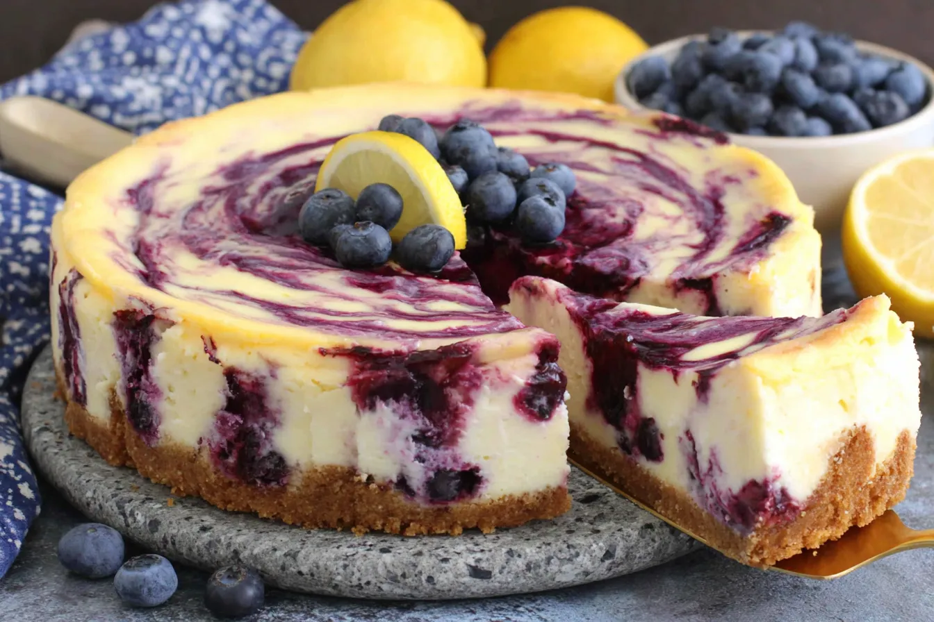 Lemon Blueberry Cheesecake with creamy lemon filling, graham cracker crust and fresh blueberry swirl