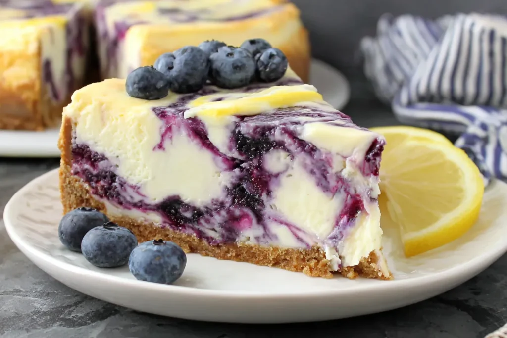 Slice of Lemon Blueberry Cheesecake showing creamy texture and fresh blueberry swirl