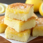 Homemade Lemon Curd Blondie Bars stacked on a wooden board with fresh lemons behind