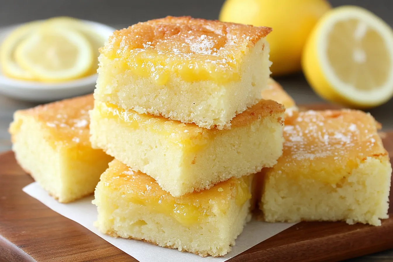 Homemade Lemon Curd Blondie Bars stacked on a wooden board with fresh lemons behind