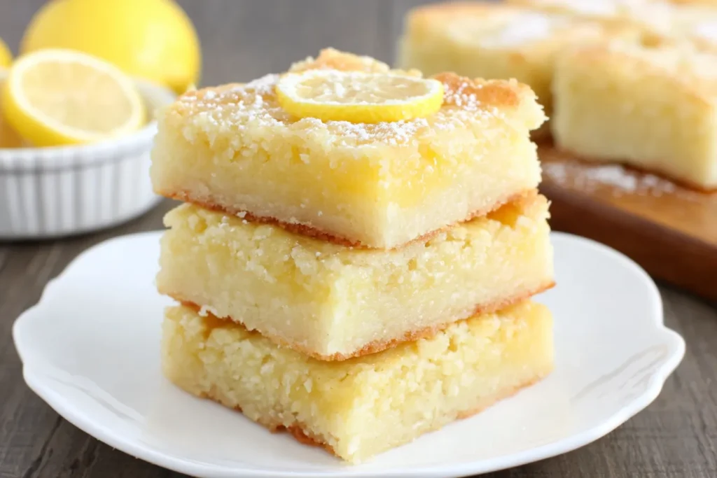 Lemon Curd Blondie Bars stacked on a white plate with powdered sugar and fresh lemon slices in the background