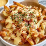 Louisiana Voodoo Fries loaded with creamy Cajun ranch cheese sauce, crispy golden fries, and spicy red pepper flakes in a bowl.