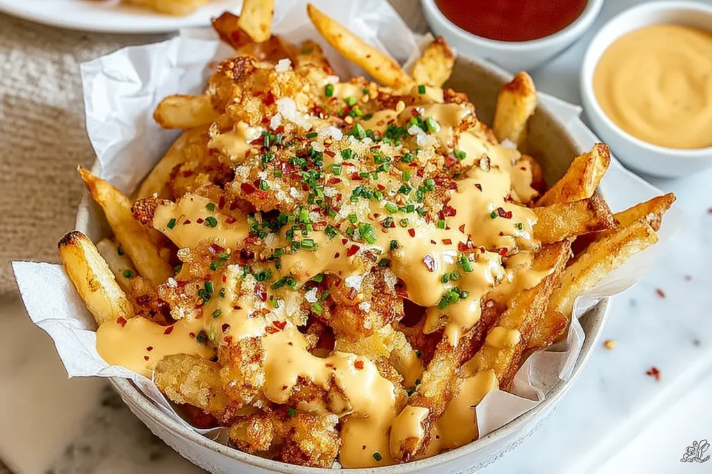 Louisiana Voodoo Fries piled high with crispy fries, creamy Cajun ranch cheese sauce, and a sprinkle of herbs and red pepper flakes.