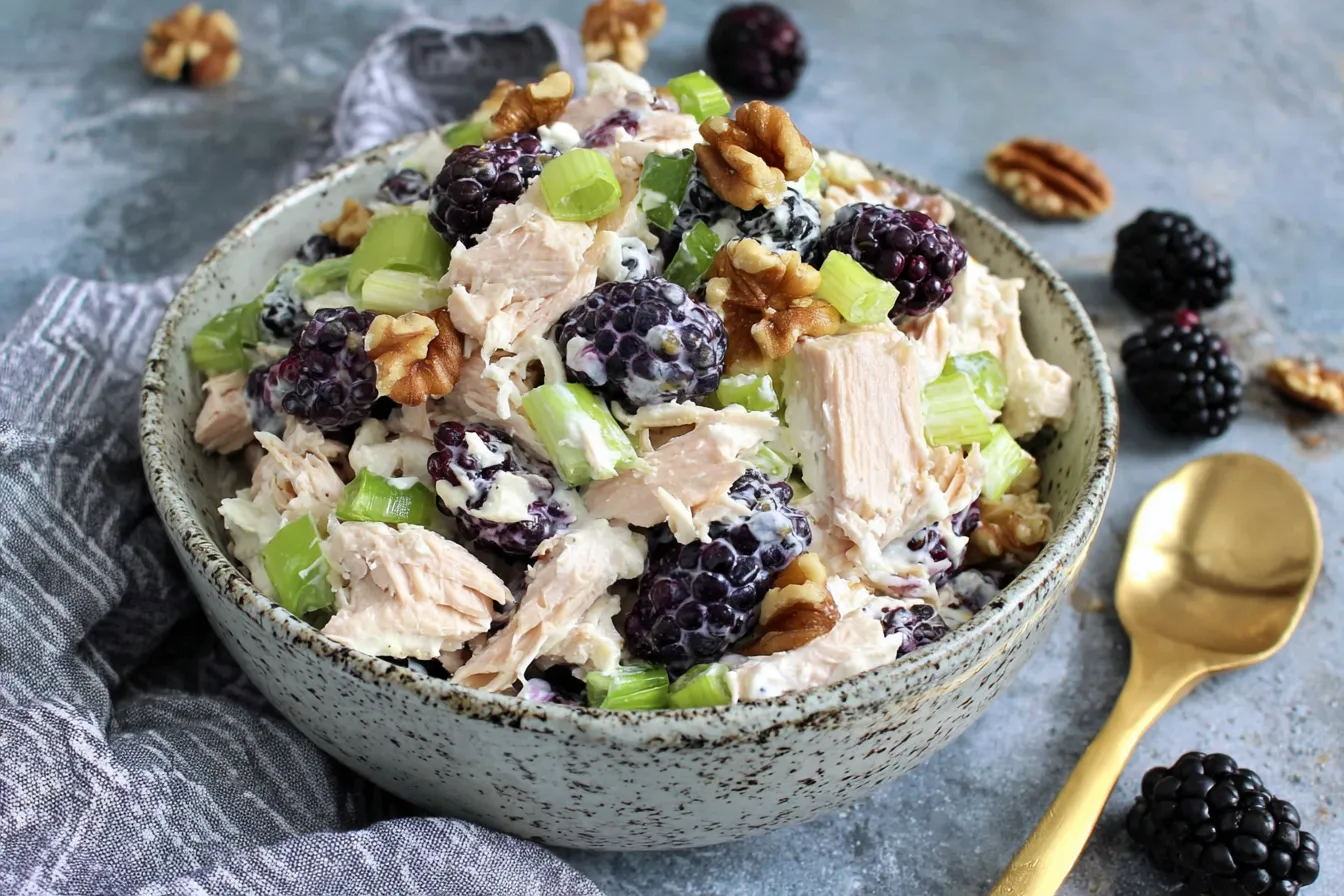 Low Carb Blackberry Cottage Cheese Chicken Salad with shredded chicken, cottage cheese, and fresh blackberries