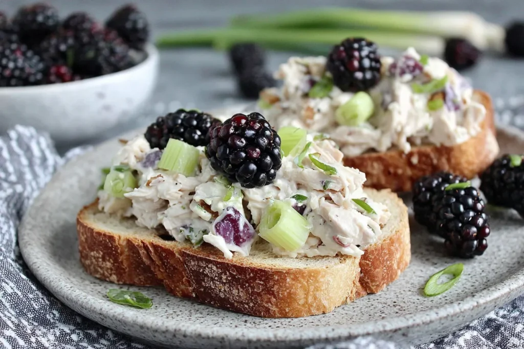 Low Carb Blackberry Cottage Cheese Chicken Salad served on toasted keto bread with fresh blackberries and celery