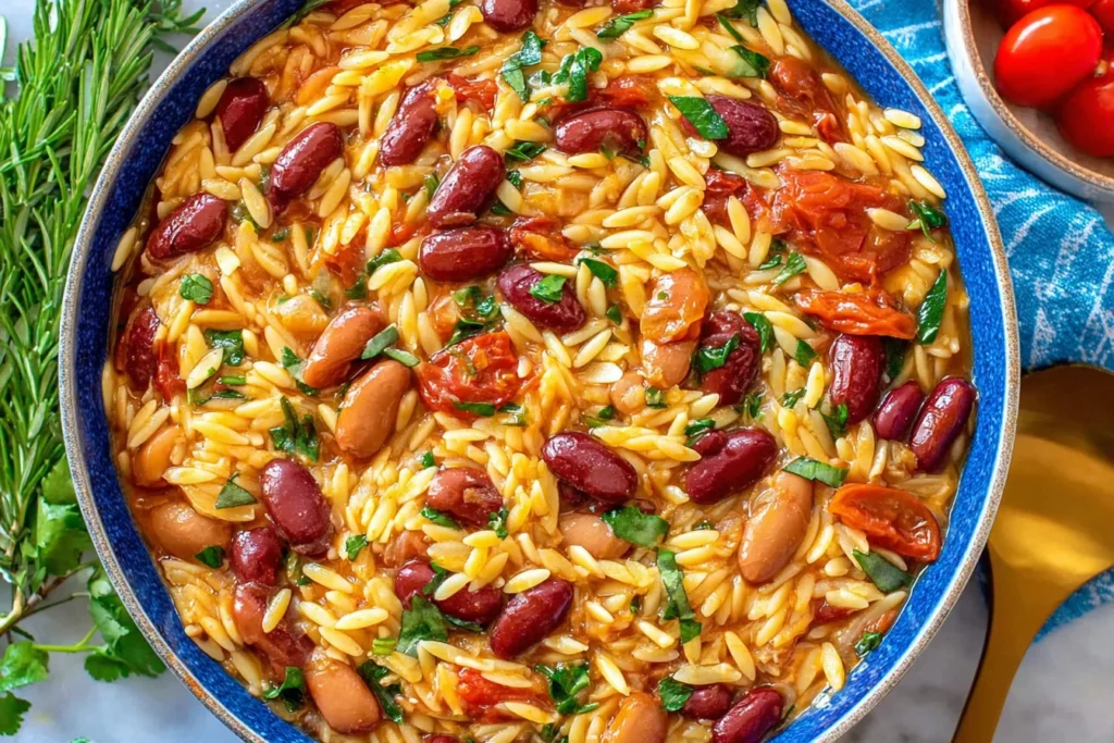 Mediterranean Orzo and Beans served in a bowl with creamy orzo pasta, kidney and pinto beans, cherry tomatoes, and fresh herbs.
