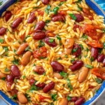 Mediterranean Orzo and Beans served in a bowl with creamy orzo pasta, kidney and pinto beans, cherry tomatoes, and fresh herbs.