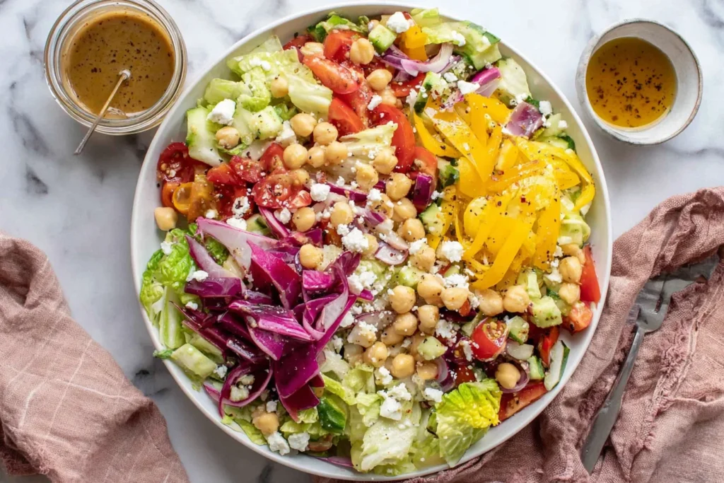 Mediterranean-Style Chopped Salad topped with chickpeas, feta, cucumbers, tomatoes, red onion, bell peppers, and oregano vinaigrette in a white bowl.